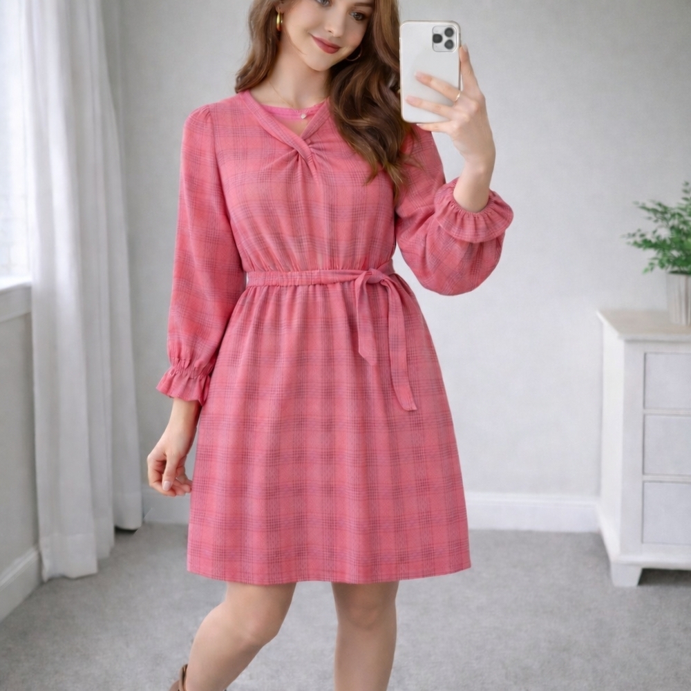 Atelier Rêve Coral Plaid Dress NWT | Belted Midi Puff Sleeve Feminine Chic